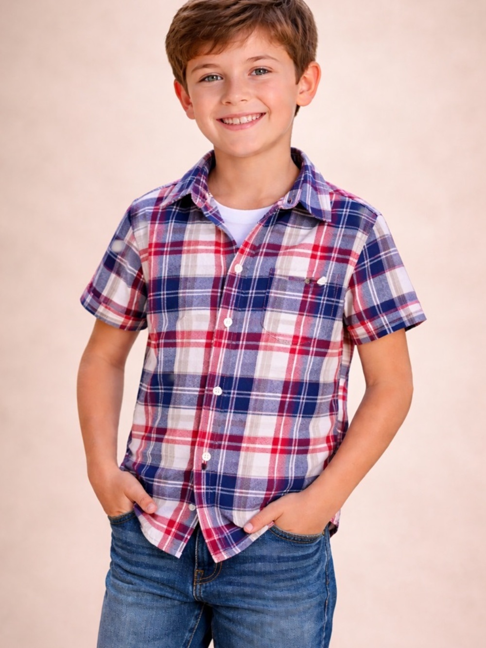 Cherokee Red, Blue & White Plaid Short-Sleeve Button-Down Shirt Size M Kid 8/10